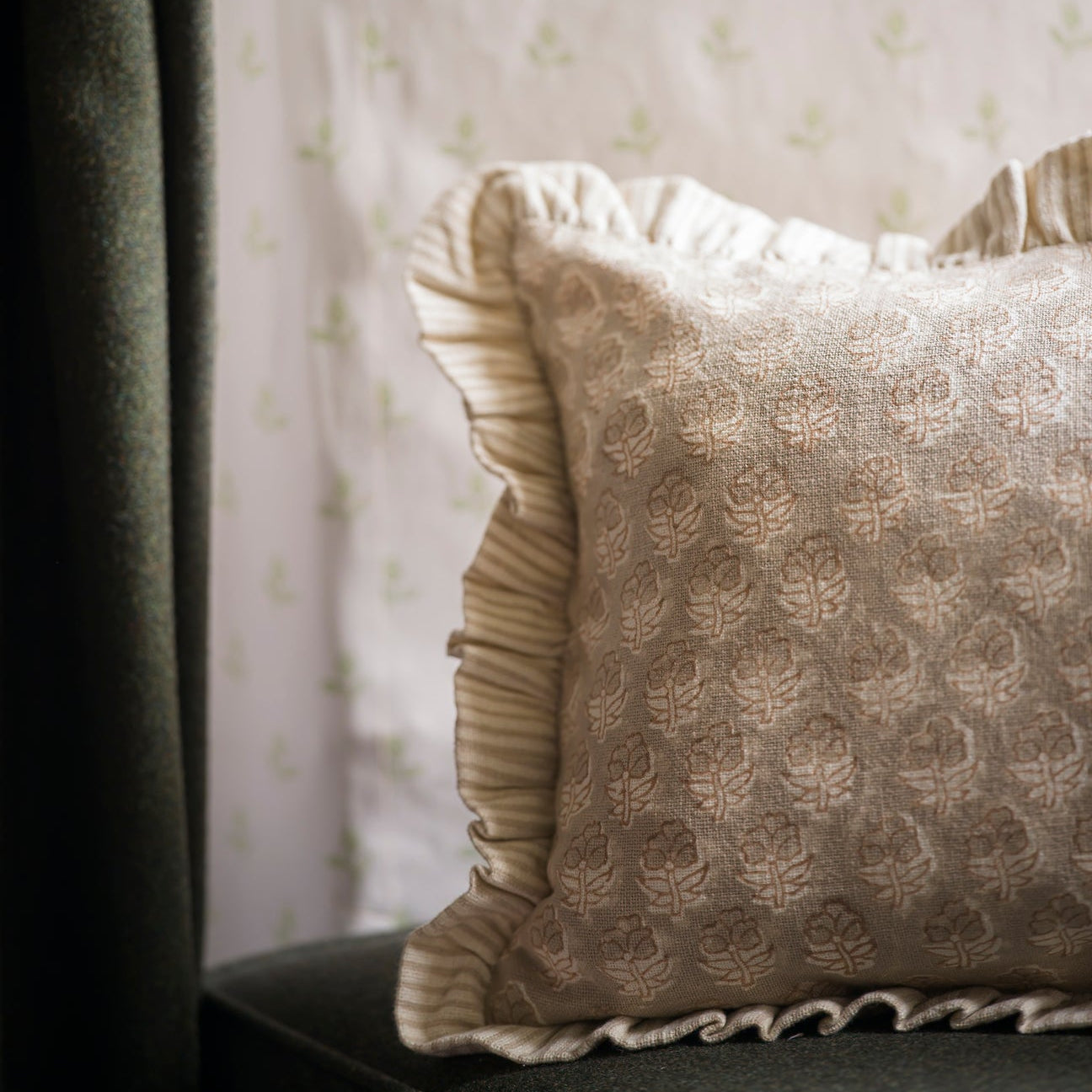 Block Print Frill Cushion – Taupe