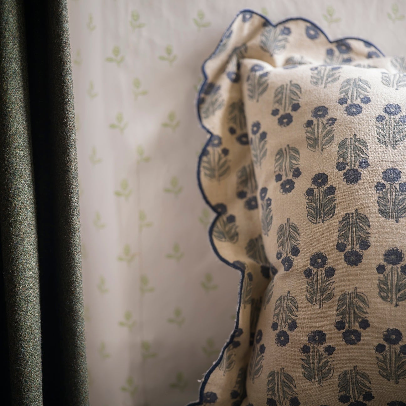 Scallop Block Print Cushion – Denim