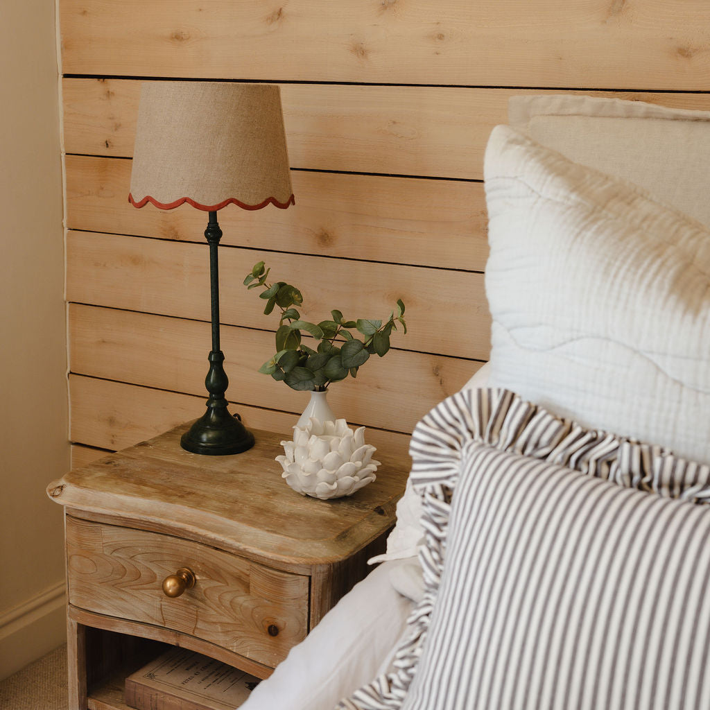 Slim Table Lamp with Red Scalloped Linen Shade