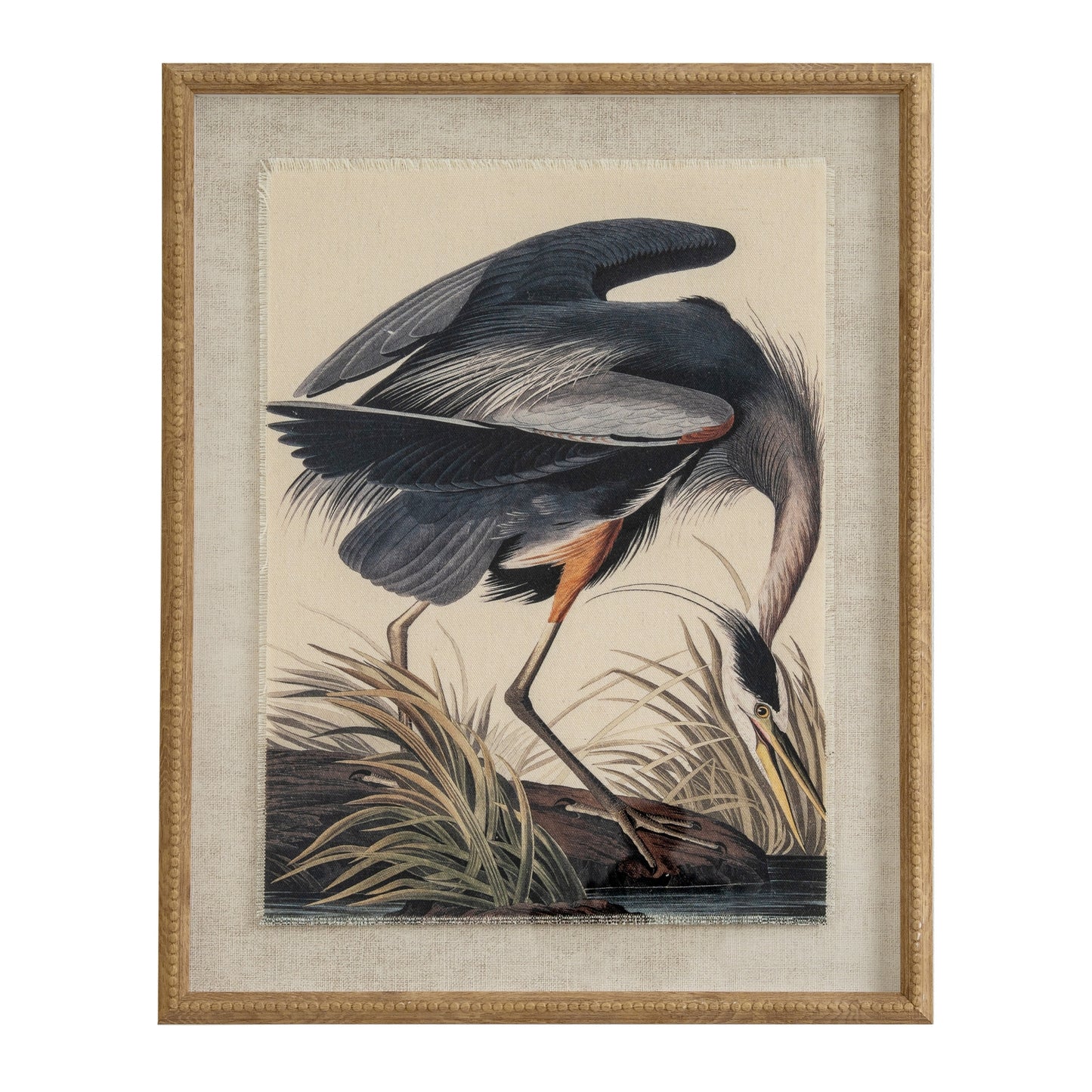 Heron linen wall art with ornate beaded frame