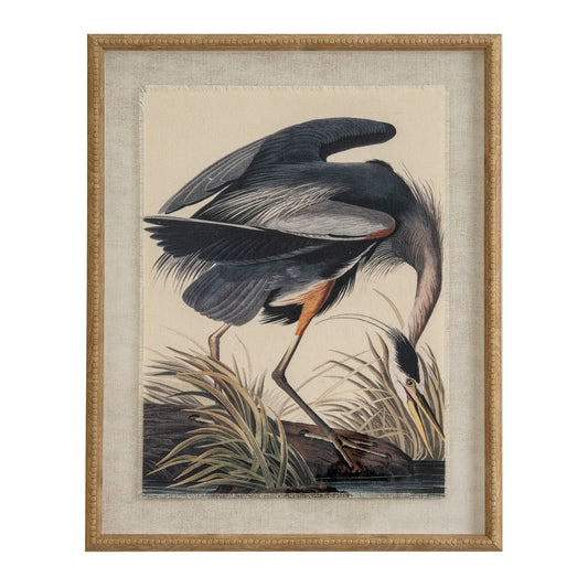Heron linen wall art with ornate beaded frame