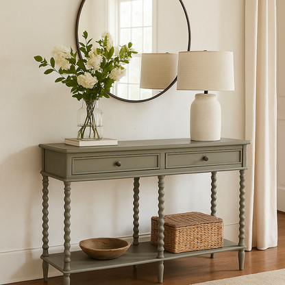 A green Camden collection large two-drawer console table with a mirror above it, a lamp on top, and a basket and bowl on its lower shelf.