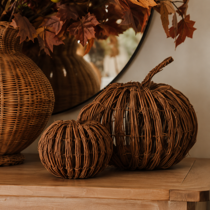 Set of 2 rattan pumpkins, large and small woven decor