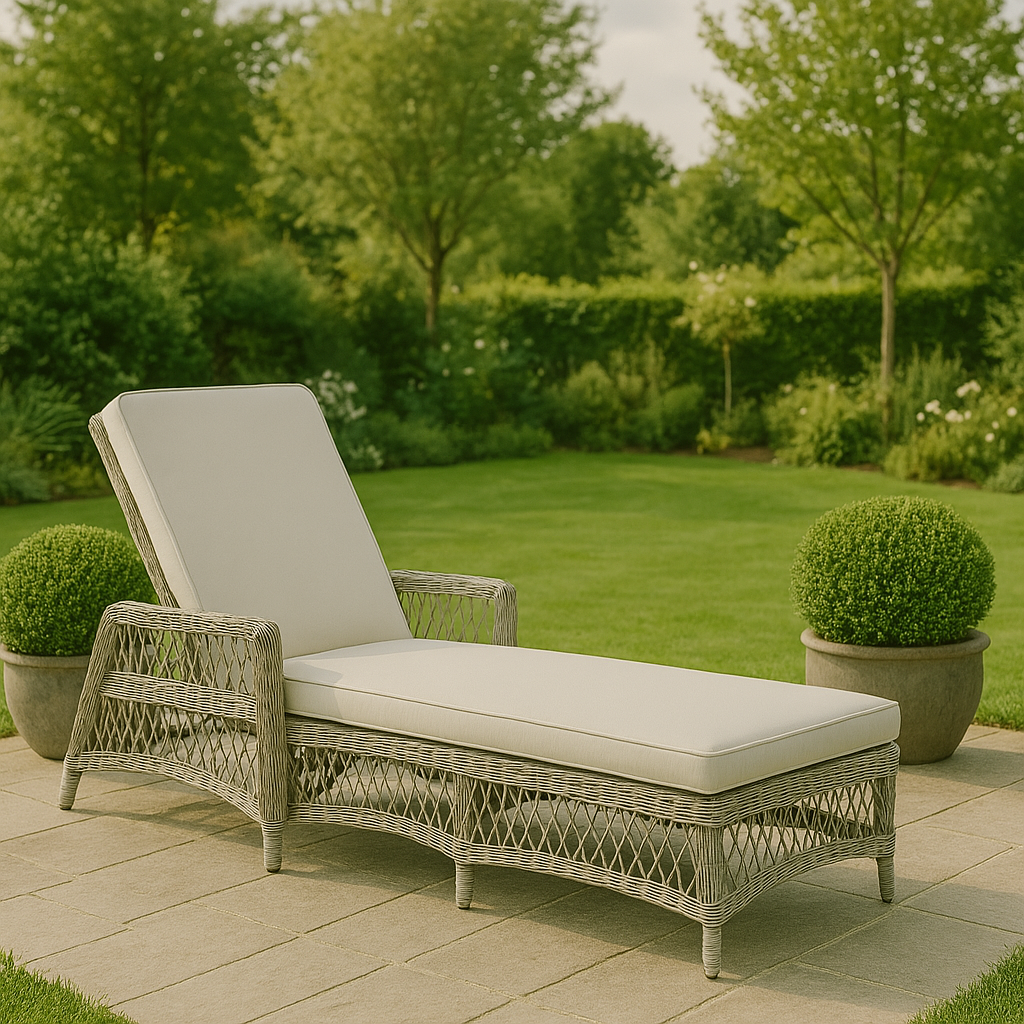 A stone-colored Menton Country Sun Lounger with a white cushion, placed on a pathway with a green garden in the background, flanked by two potted plants.