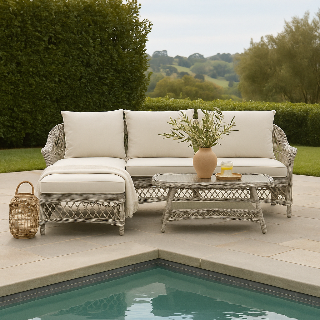 An outdoor chaise set with stone color, placed next to a pool with a glass topped table in the foreground and a wicker bag on the left.