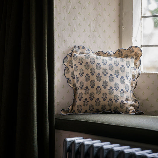 Scallop Block Print Cushion – Denim
