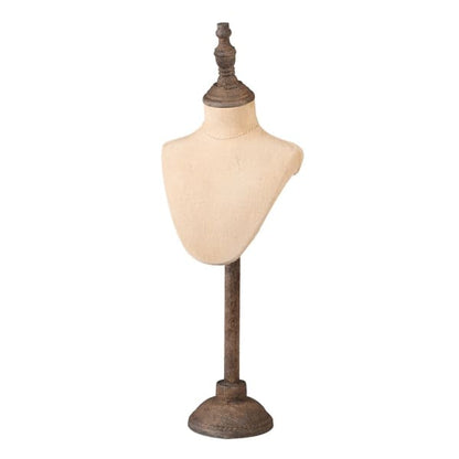 Mannequin bust on a wooden stand with a white background