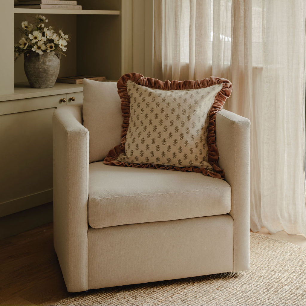 Floral block print cushion with striped trim
Hand block printed floral cushion with feather pad
Artisan floral cushion for sofa styling
Decorative floral cushion with striped border
Traditional block print cushion for layered interiors
Floral patterned cushion styled on an armchair
Luxury feather filled floral cushion
Classic floral cushion with complementary stripe trim
