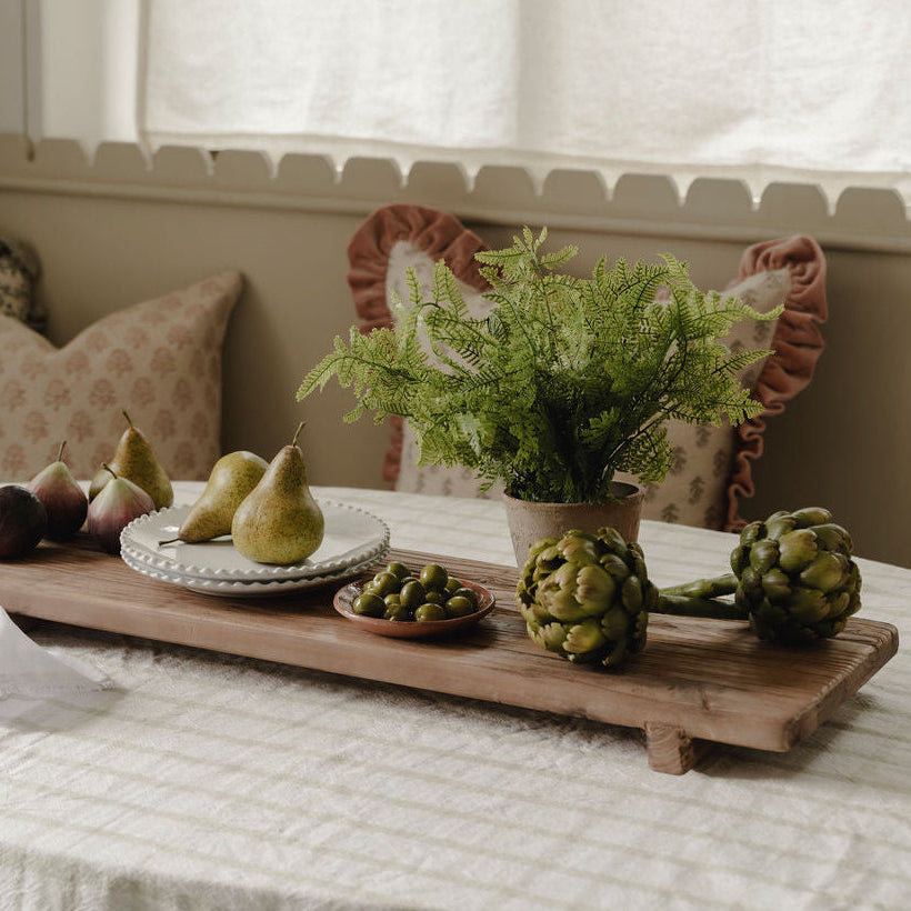 Large long recycled elm serving board with rustic wood grain