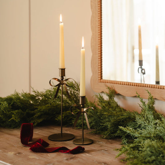 Set of 2 Regency Bow Antique Brass Candlesticks
