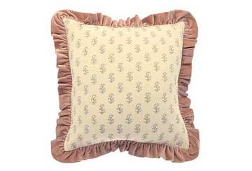 Decorative pillow with floral pattern and ruffled edges on a white background