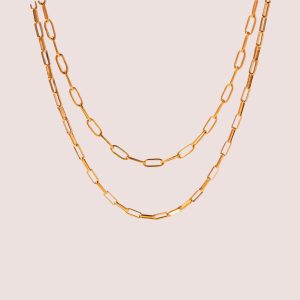 Double Layered 18K PVD Flat Rectangle Clip Link Necklace