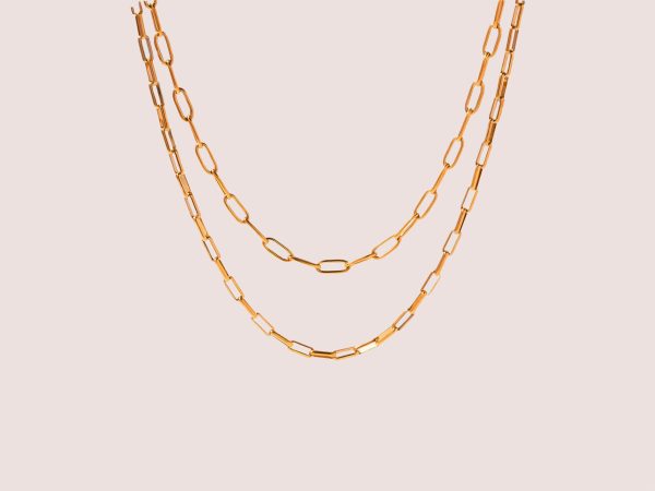 Double Layered 18K PVD Flat Rectangle Clip Link Necklace