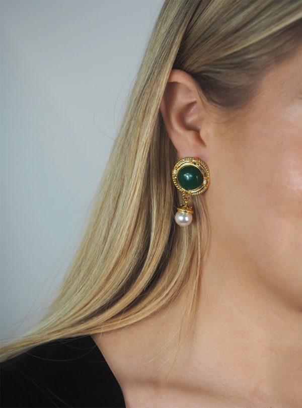 green stone and pearl drop earrings