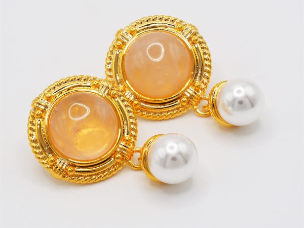 Round Pink Quartz & Drop Pearl Bead 18K Gold Plated Earrings