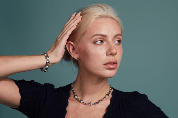 model wearing square beaded bracelet